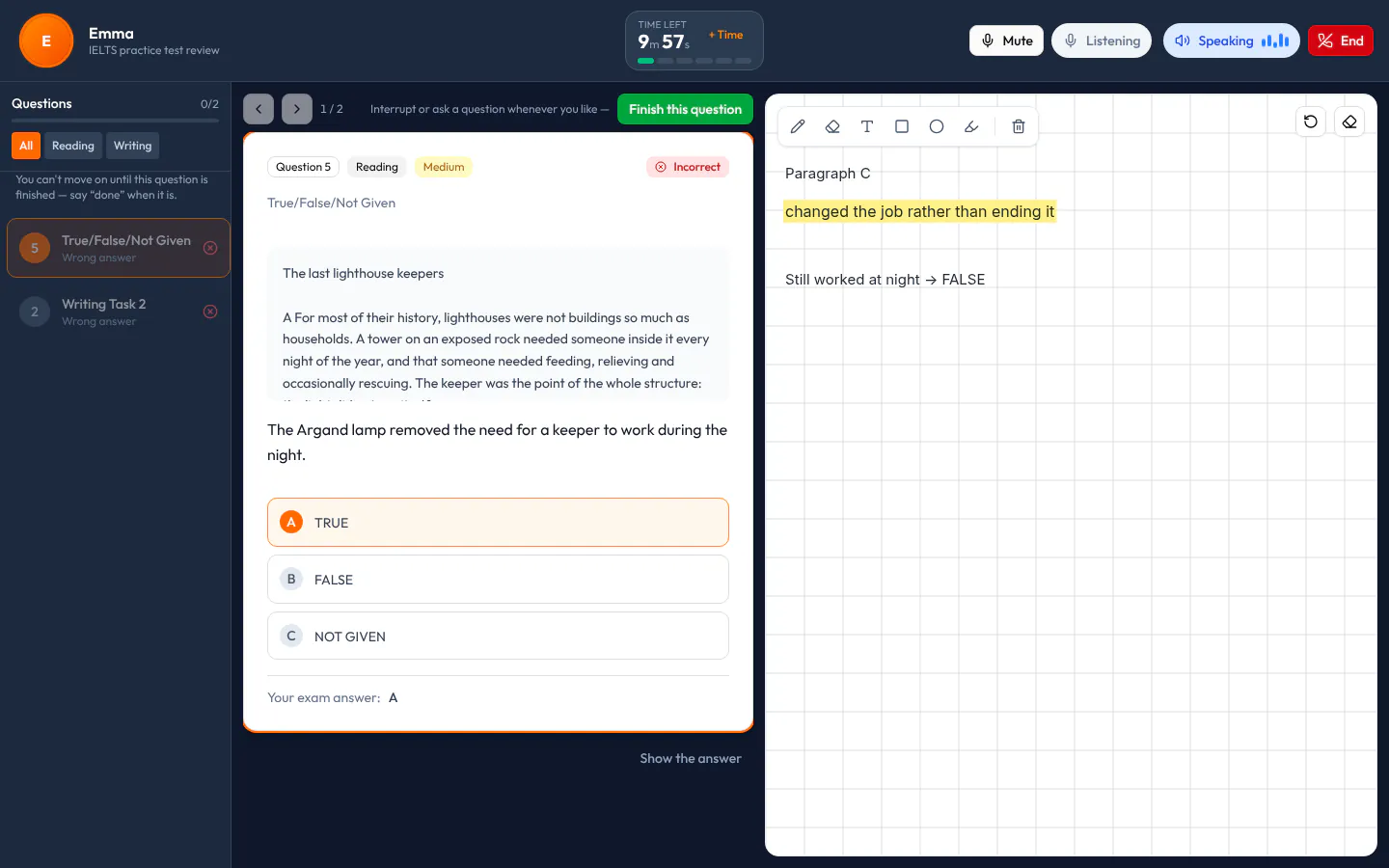 AI Tutor lesson screen: the wrong and blank questions on the left, an IELTS Reading True/False/Not Given question on a passage about lighthouses in the middle, and the tutor's steps written one under another on the board on the right.
